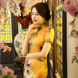 上海滩丝绸旗袍裙长款中式民国礼服新款礼仪旗袍晚礼服连衣裙黄色