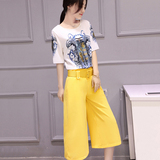 2016夏装韩版修身印花上衣气质阔腿裤两件套时尚套装女百搭显瘦潮