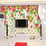3D无缝绿色护眼玫瑰花卉软包壁纸卧室墙画电视沙发客厅背景墙壁画