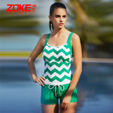 zoke泳衣女保守海军风平角小胸显瘦专柜正品波浪条纹款连体式泳装