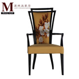 新中式餐椅酒店椅子实木餐椅中式印花面料水曲柳实木框架全国包邮