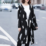 Amii极简 2016秋装新款艾米女装修身V领豹纹休闲针织开衫女毛衣