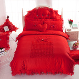 新结婚四件套全棉韩式床裙款床罩床单1.8m大红色蕾丝婚庆床上用品