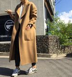 韩国2015冬装女装 韩版加厚中长款过膝毛呢外套 韩范宽松呢子大衣