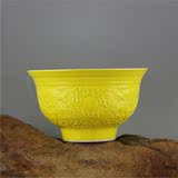 热卖清代黄釉雕刻海水龙纹薄胎瓷碗 景德镇仿古做旧瓷器手工艺瓷