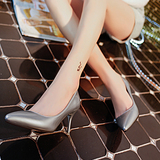 2016春款单鞋女高跟细跟尖头鞋浅口漆皮银色5-6厘米单根中跟女士