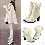 马丁靴潮女短靴短筒加绒加厚真皮高跟粗跟冬款女士套筒白色雪地靴