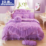 韩版婚庆蕾丝床裙四件套紫粉色公主风花边结婚被套1.8床罩六件套