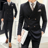 秋冬男式西装套装韩版男士修身纯色双排扣西服三件套新郎礼服套装