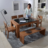 时尚餐桌椅组合 餐椅钢化玻璃胡桃色现代简约长方形客厅家用家具