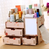 家居DIY木质化妆品收纳盒桌面收纳盒带抽屉翻盖有镜子大号