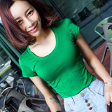 韩版夏季纯色紧身T恤棉 短款圆领修身T女士短袖显瘦上衣 潮