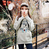 时尚权威韩国2015冬装新款字母卡通宽松加绒套头连帽卫衣女外套