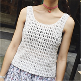 韩版学生简约外穿无袖背心女夏镂空毛线短款宽松上衣T恤打底衫潮