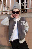 2016春季新款 韩国风时尚圆领数字78拼色短款针织外套棒球服女潮