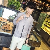 2016潮男七分袖棉麻短袖衬衫夏季青年修身凉爽拉链立领半袖T恤男