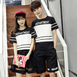 情侣装夏装时尚韩国男女短袖休闲套装拼色学生班服大码T恤两件套