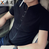 X原道2016夏季男士短袖T恤男款V领韩版修身黑色潮流半袖体恤青年