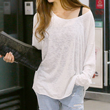 内线2016夏装新款韩版白色半透视宽松蝙蝠袖 露肩性感长袖T恤
