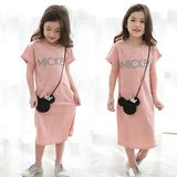 韩版童装女童夏季米奇宽松短袖连衣裙儿童亲子印花针织长款T恤裙