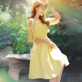 2016春夏韩版中长款蕾丝欧根纱两件套拼接刺绣修身雪纺吊带连衣裙