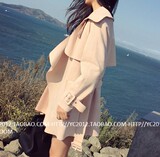 韩版2015春秋裸粉色鹿皮绒空气层翻领中长款长袖系带风衣外套女士