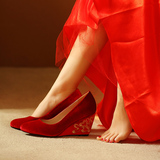 旗袍鞋伴娘鞋中式红色婚鞋结婚新娘鞋绣花鞋女坡跟单鞋婚礼高跟鞋
