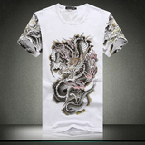 夏季中国风男士短袖T恤大码恤龙印花图案个性霸气烫钻时尚半袖潮