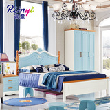 润意儿童家具实木双人床1.2米1.5米地中海三门衣柜儿童床套房组合