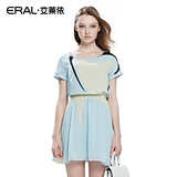 艾莱依2016新款韩版修身显瘦图案印花雪纺短袖连衣裙女NDL06547
