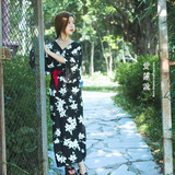 lotus原创自制夏季日式和风改良和服浴衣复古棉麻长款印花连衣裙