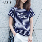 Amii2016新款夏装韩版宽松大码女装上衣半袖体恤潮条纹短袖t恤女