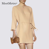 MeetMetro2016春夏新款优雅气质女装七分袖宽松雪纺蝙蝠袖连衣裙