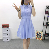 2016夏季新款女士连衣裙 韩版a型中长款修身无袖条纹显瘦学生裙子