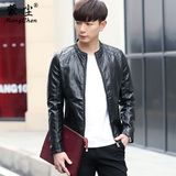 热卖春季男士韩版修身立领夹克休闲纯色PU皮夹克男装外套青年品牌