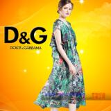 D&G杜嘉班纳专柜绿色印花棉麻中长款连衣裙欧美大牌正品代购女装