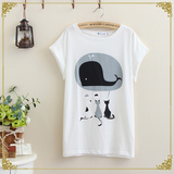 2016夏季新款短袖T恤女猫咪鲸鱼卡通印花宽松圆领日系森女系上衣