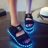 夏甜美女鞋厚底松糕USB充电七彩发光亮灯鞋魔术贴LED灯光凉鞋女潮
