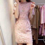 香港代购Five Plus新款女装修身显瘦短袖镂空A字裙夏季蕾丝连衣裙