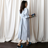 韩国代购女装2016夏装新款宽松细条纹露背抽褶五分灯笼袖连衣裙sl