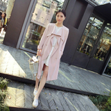莎贞2016秋季新款韩版女装外套潮时尚粉色系带收腰显瘦中长款风衣