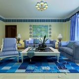 地中海蓝色格子欧式地毯客厅茶几卧室床边手工腈纶地毯满铺定制