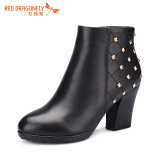 REDDRAGONFLY/红蜻蜓女靴正品冬季新品铆钉优雅圆头粗高跟短筒靴