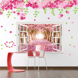 3D创意假窗户墙贴纸樱花树林卧室客厅墙壁装饰温馨浪漫风景画贴画