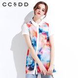 CCDD2015夏装专柜正品 短袖印花雪纺衬衫中长款 薄