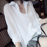 夏季新款韩国纯色长袖微透防晒衣 宽松性感翻领中长款女衬衫超薄