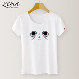 Zema卡通T恤女夏季猫咪印花上衣学生修身半袖姐妹装显瘦韩版女装