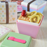 包邮 日式可爱卡通儿童便当盒 便携双层水果盒沙拉盒点心盒 配叉