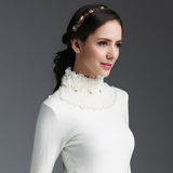 2016秋冬装白色蕾丝高领毛衣短款长袖百搭女士套头针织修身打底衫