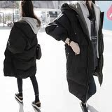 韩国代购2015冬韩版宽松加厚纯色棉衣女中长款连帽羽绒棉服外套女